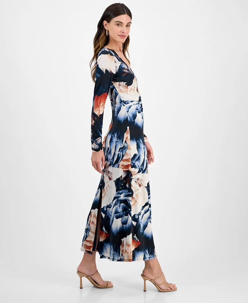 14th Place Juniors' Long-Sleeve Floral-Print Ruched-Front Dress