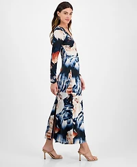 14th Place Juniors' Long-Sleeve Floral-Print Ruched-Front Dress
