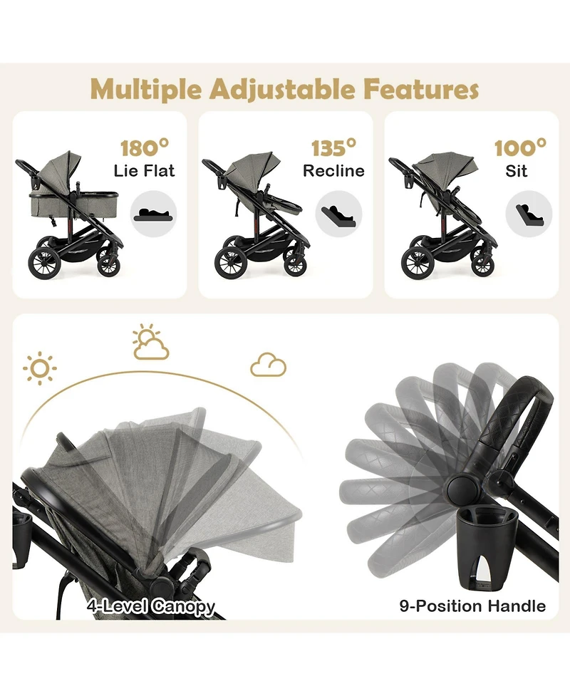 Slickblue Toddler 3-in-1 Folding Convertible Newborn Stroller with Detachable Bassinet