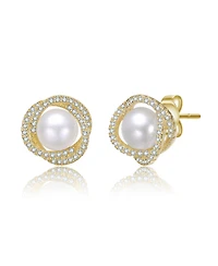 14K Gold Plated with Clear Cubic Zirconia & Mother of Pearl Stud Earrings