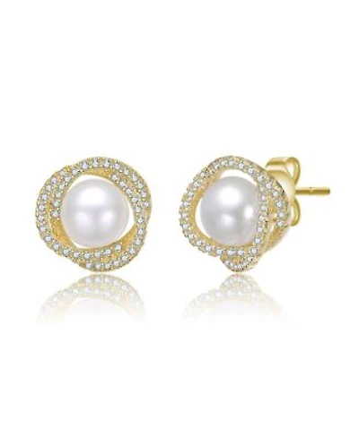 14k Gold Plated With Clear Cubic Zirconia Mother Of Pearl Stud Earrings