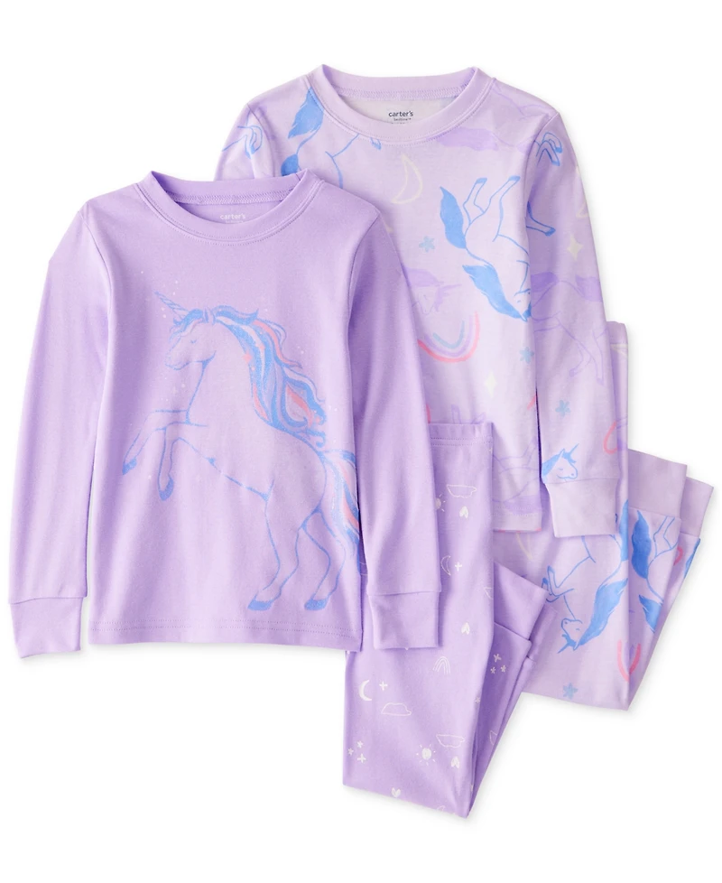 Carter's Toddler Girls Unicorn-Print Snug-Fit Cotton Pajamas, 4 Piece Set