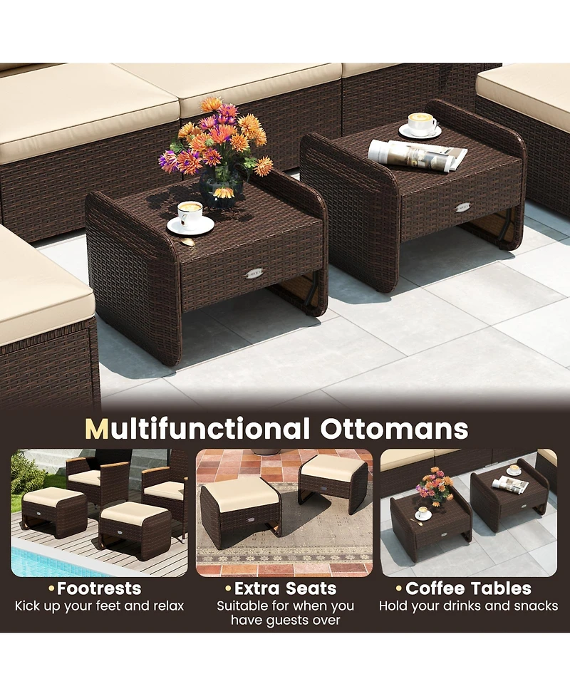 2-Piece Outdoor Pe Wicker Ottomans with Removable Cushions for Patio or Garden