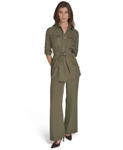 Halston Womens Soft Suiting Belted Utility Shirt Soft Suiting Wide Leg Pull On Pants