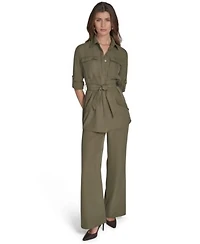 Halston Womens Soft Suiting Belted Utility Shirt Soft Suiting Wide Leg Pull On Pants