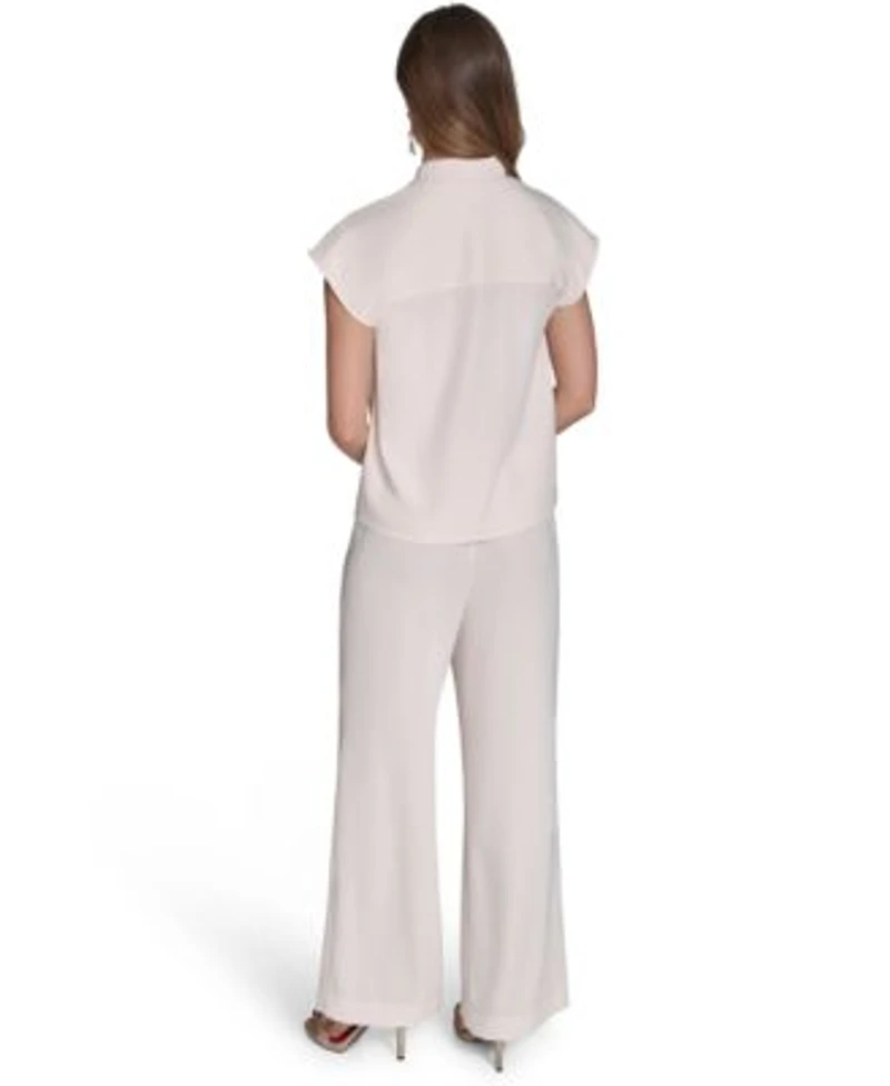 Halston Womens Cap Sleeve V Neck Blouse Soft Suiting Wide Leg Pull On Pants