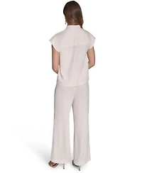 Halston Womens Cap Sleeve V Neck Blouse Soft Suiting Wide Leg Pull On Pants