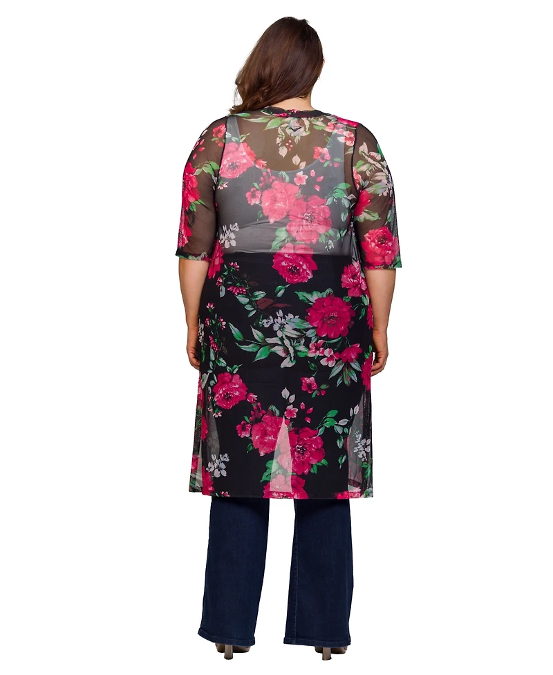 24seven Comfort Apparel Plus Sheer Floral Knee Length Duster Cardigan Sweater