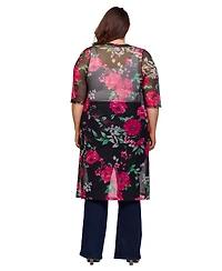 24seven Comfort Apparel Plus Sheer Floral Knee Length Duster Cardigan Sweater