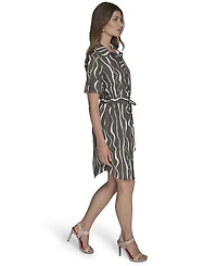 Halston Women's Printed Roll-Tab-Sleeve Belted Shirtdress