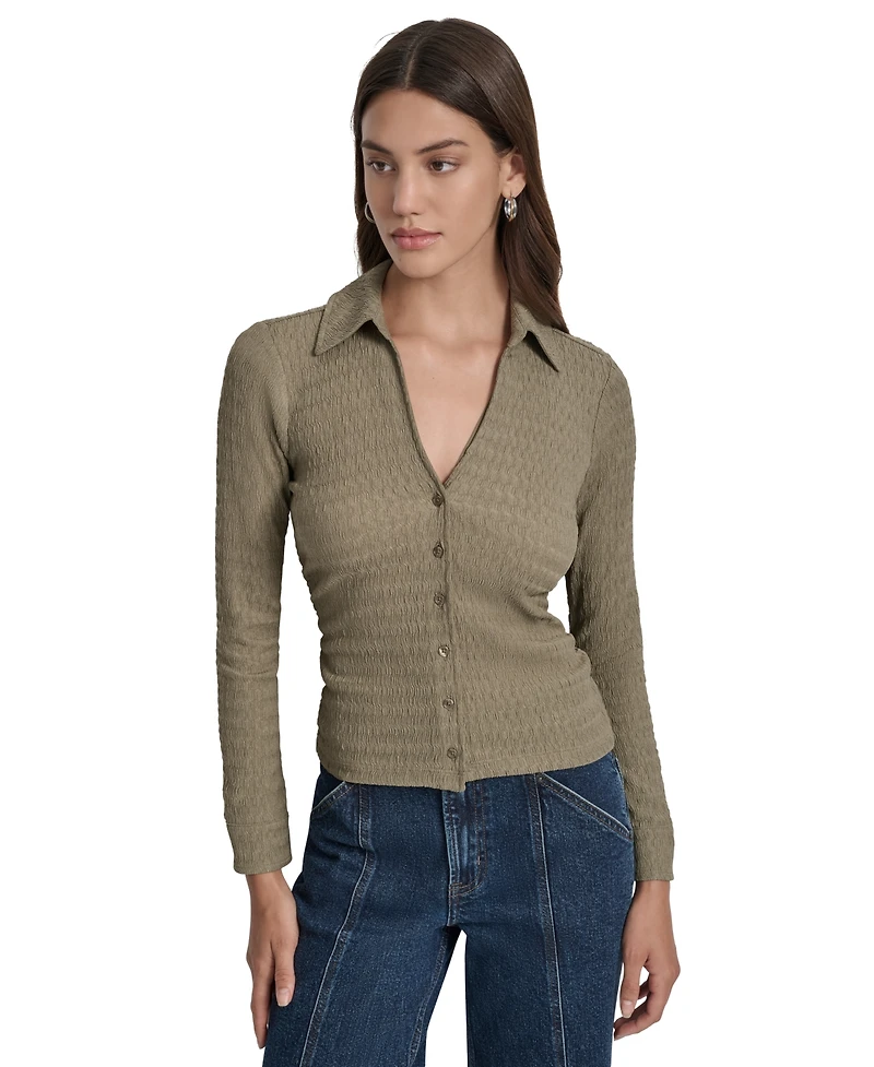Dkny Jeans Women's Textured Collared Button-Front Top
