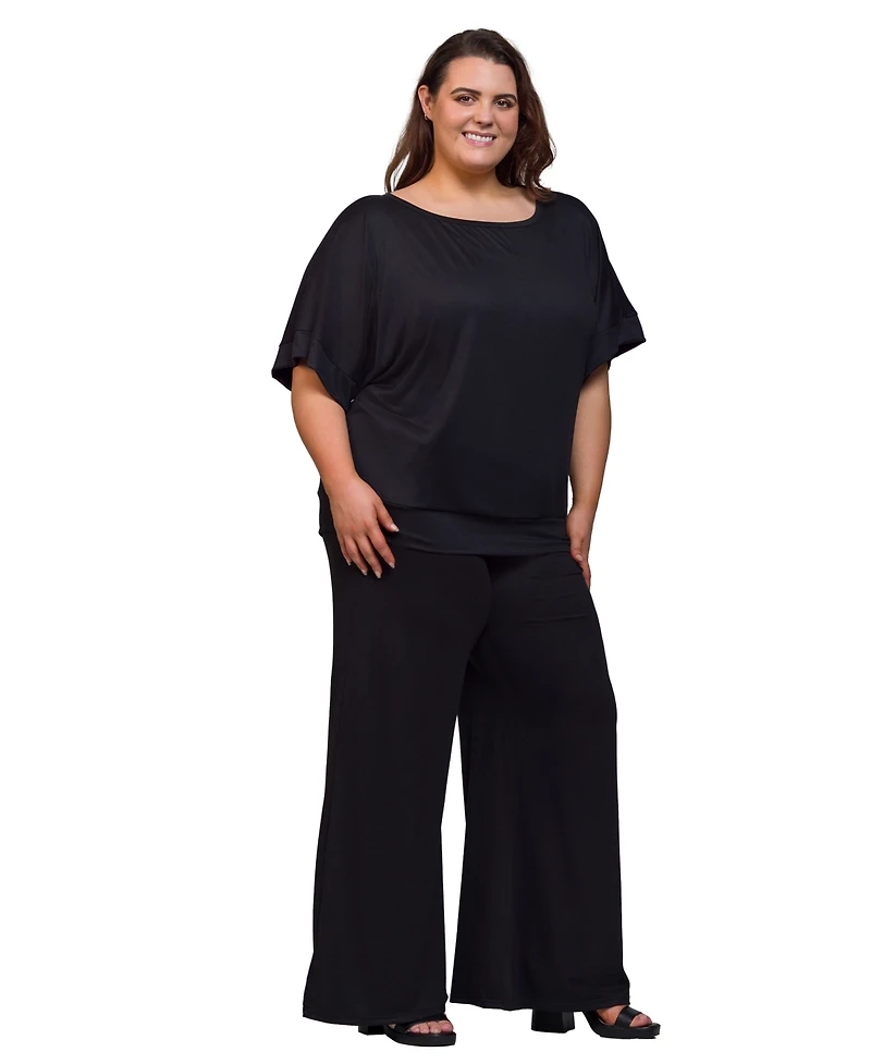 24seven Comfort Apparel Plus Boat Neck Top and Wide Leg Pants Set
