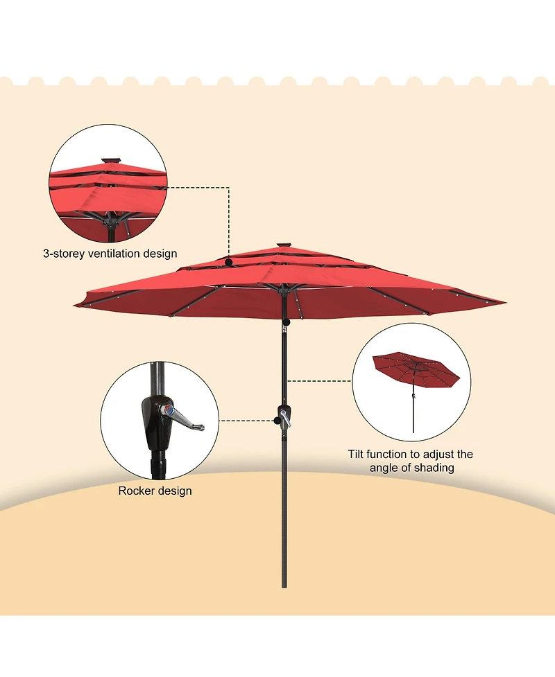 10 Ft Patio Umbrella with Solar Lights 3-Tier Outdoor Table Market Pool Umbrellas for Patio, Red