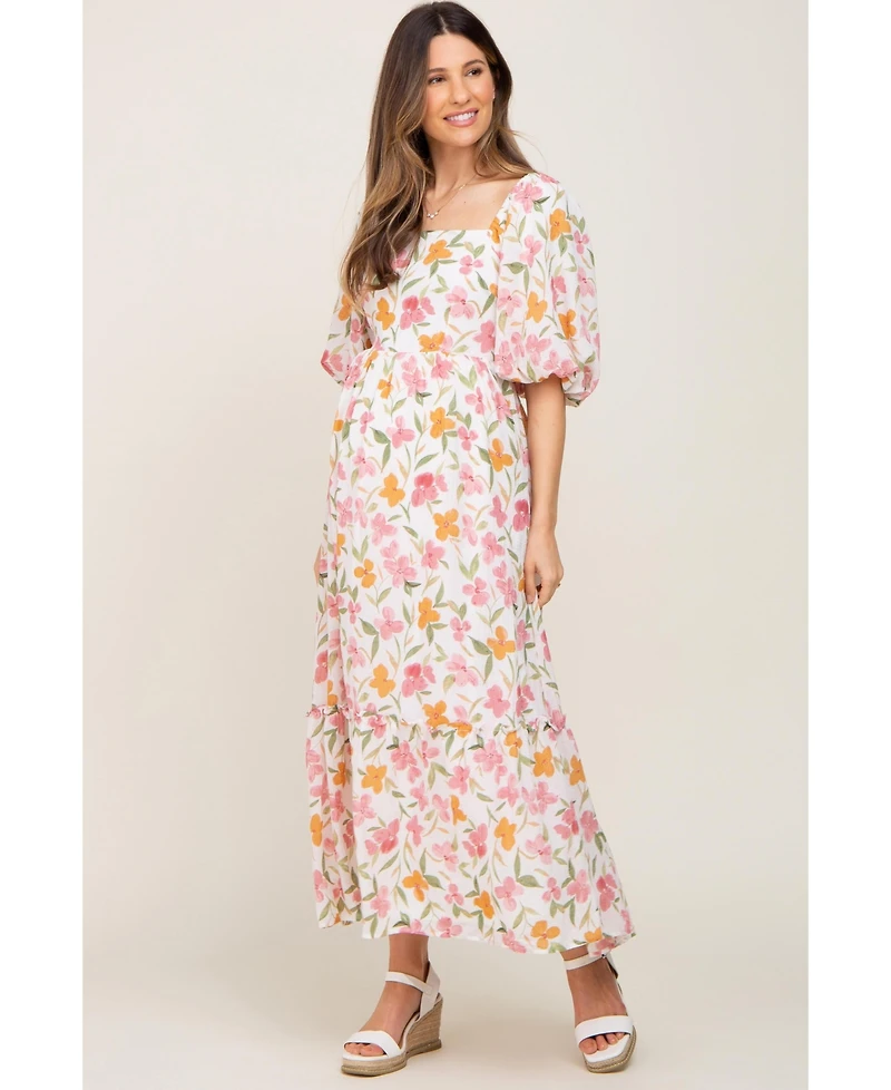 Pinkblush Maternity White Floral Puff Sleeve Maxi Dress