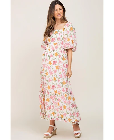 Pinkblush Maternity White Floral Puff Sleeve Maxi Dress