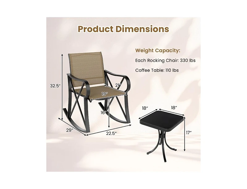 3 Piece Patio Rocking Set with Smooth Motion Outdoor Rocker Chair Bistro