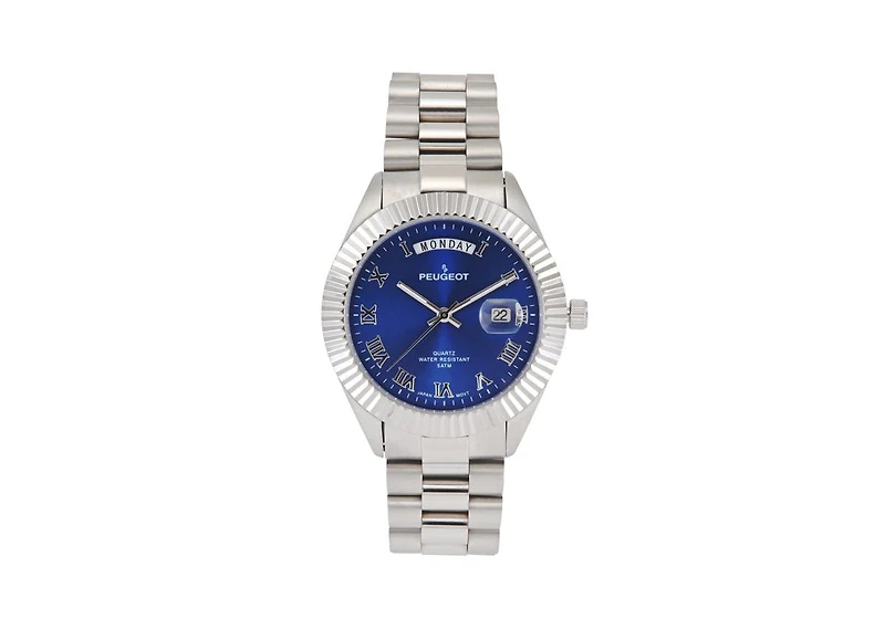 Peugeot Men's 40mm Blue Face Fluted Bezel Steel Bracelet Watch
