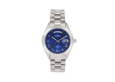 Peugeot Men's 40mm Blue Face Fluted Bezel Steel Bracelet Watch