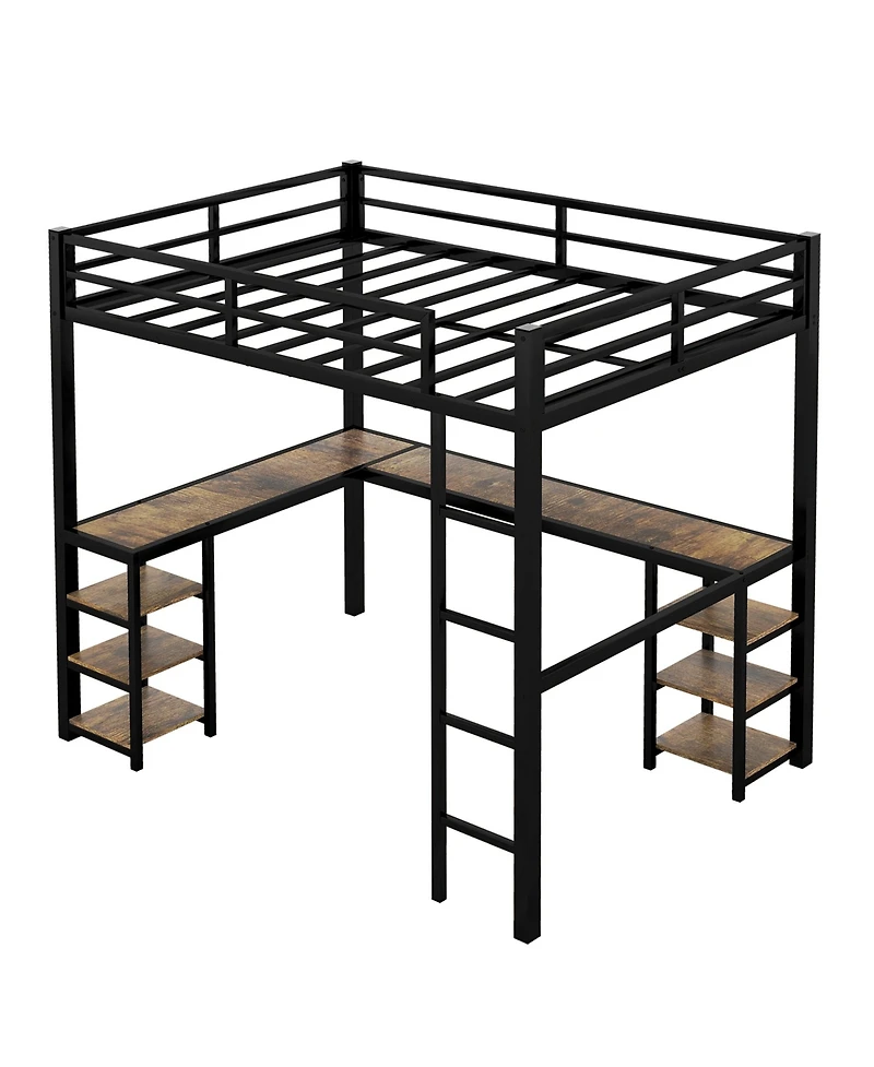Full Metal Loft Bed with Desk and Shelves, Loft Bed with Ladder and Guardrails, Loft Bed Frame for Bedroom, Black