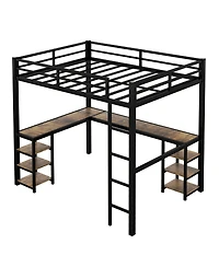 Full Metal Loft Bed with Desk and Shelves, Loft Bed with Ladder and Guardrails, Loft Bed Frame for Bedroom, Black