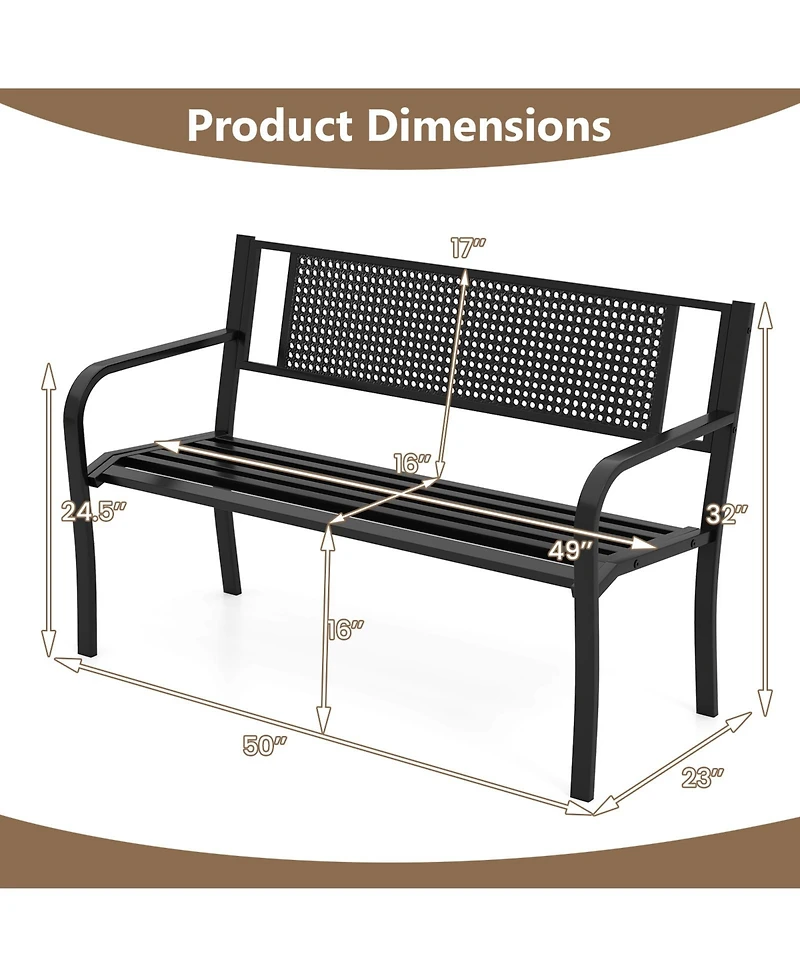 Garden Bench with Patterned Backrest and Curved Armrests