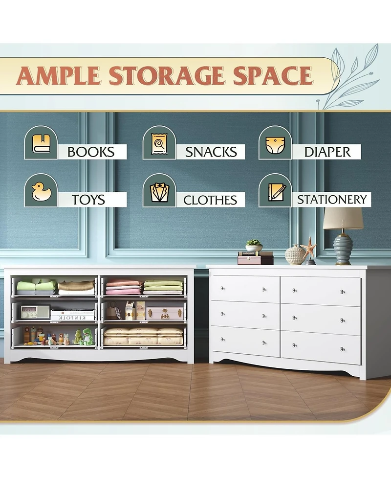 Wlive Wood Dresser With 6 Drawer Wide Chest Of Drawers For Bedroom Long Nightstand With Drawers Oak Furniture Large Storage Tower Unit Closet Store Or