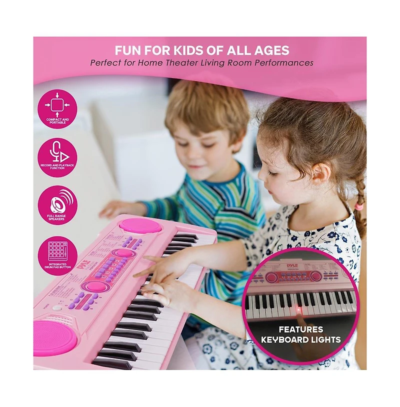 Pyle Kids Pink 49-Key Light-Up Karaoke Piano Keyboard with Mic - PKBRD4912PK