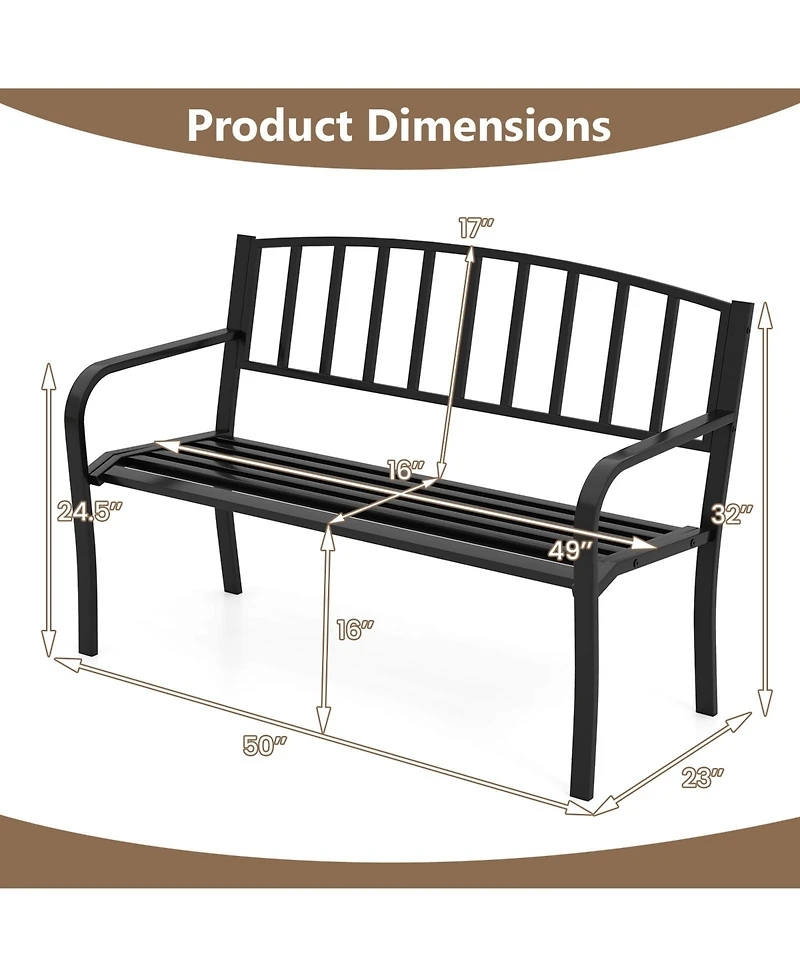 Outdoor Garden Bench with Slatted Backrest and Curved Armrests