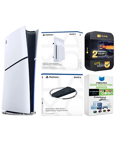 Sony PlayStation 5 Slim Digital Bundle with Disc Drive, Vertical Stand, MightySkins Game Collection Services, and 2 Year Extended Warranty