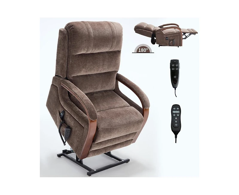 Power Chenille Lift Recliner Chair Dual Motor Infinite Position Up to 350 Lbs with Solid Wood Armrests, Heat Massage and Heavy Duty Motion Mechanism
