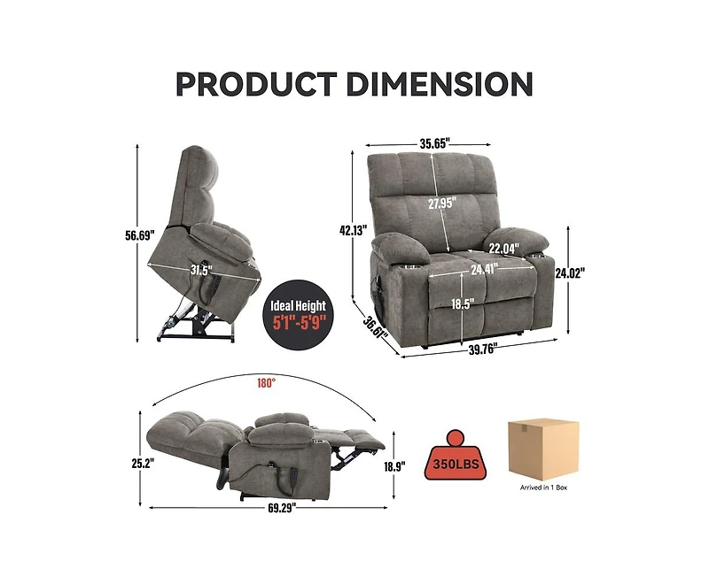 Dual Motor Infinite Position Up to 350 Lbs Chenille Power Lift Recliner Chair with 8-Point Vibration Massage and Lumbar Heating Cup Holders