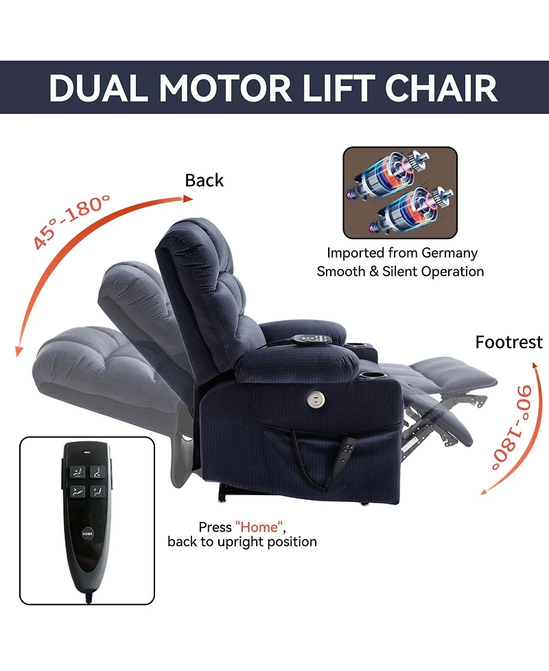 Dual Motor Infinite Position Up to 350 Lbs Chenille Power Lift Recliner Chair with 8-Point Vibration Massage and Lumbar Heating Dual Cup Holders