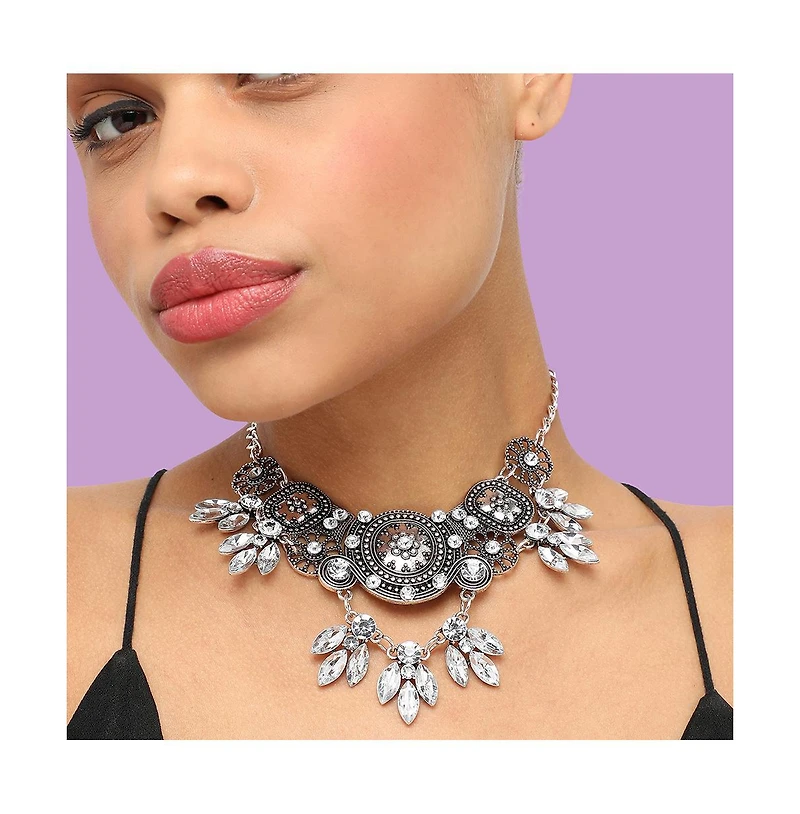 Sohi Women's Blue Circular Foliage Drop Statement Necklace