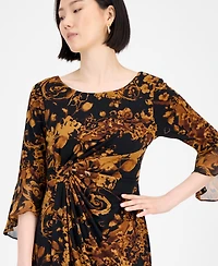Connected Petite Printed Side-Tab Ruffled-Cuff Dress