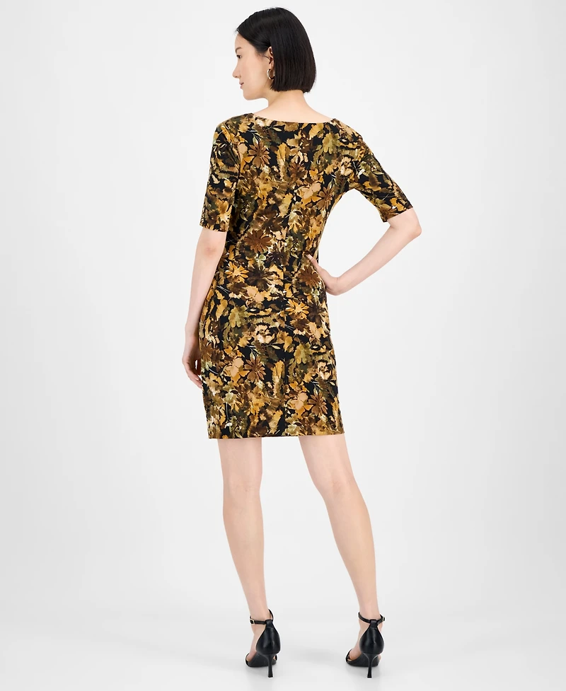 Connected Petite Floral Draped-Neck Elbow-Sleeve Dress
