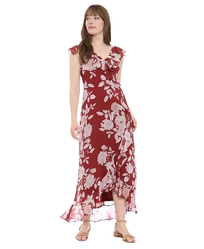 London Times Petite Printed Ruffled-Collar Maxi Dress