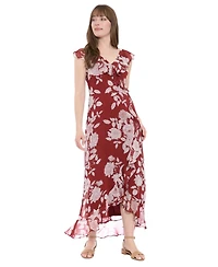 London Times Petite Printed Ruffled-Collar Maxi Dress