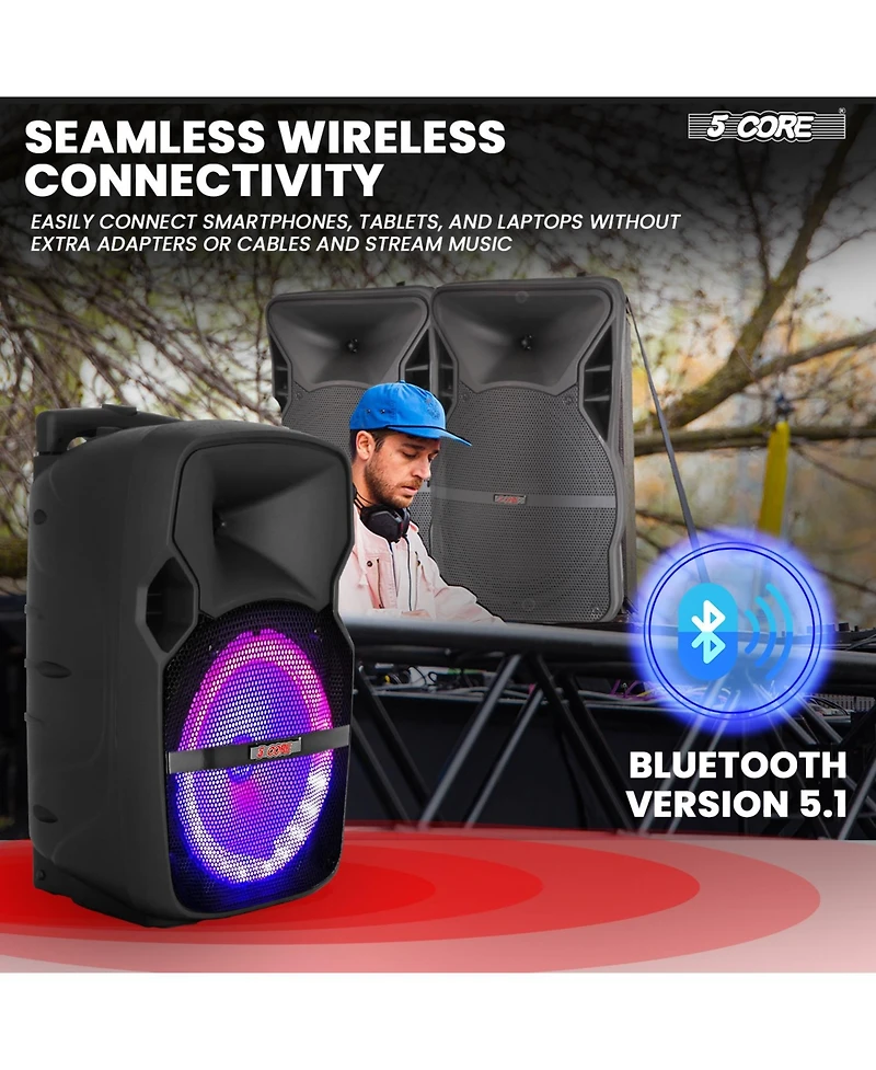 5 Core 10 Inch Tws Pair Bluetooth Party Speakers 400 Watt Portable Karaoke Pa System Rechargeable Loud Speaker + Tripod Stand 2X Wireless Mics Led Lig