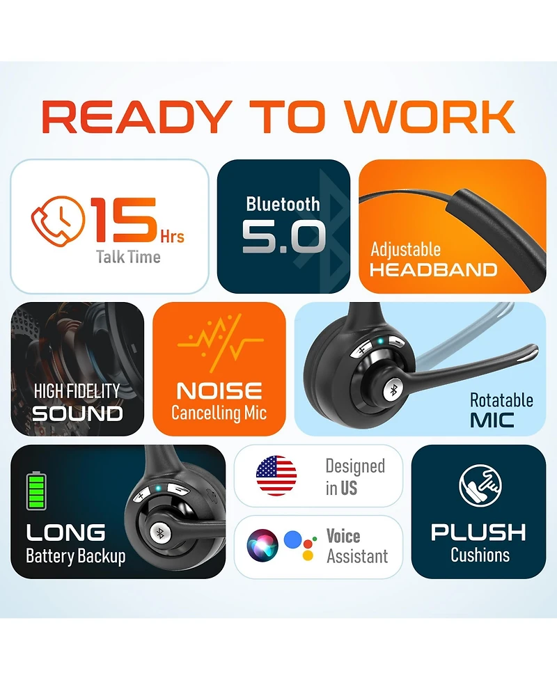 Delton 10X Bluetooth Computer Headset, Over-the-Head Single Ear Wireless Headset with Noise Canceling Mic, Usb Dongle for Computer/Laptop, Perfect for