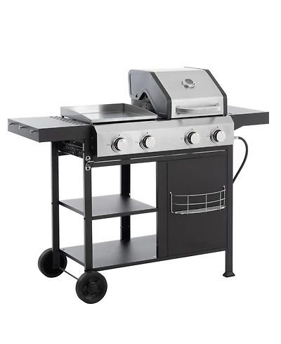 Stainless Steel 4-Burner 49200 Btu Propane Gas Barbecue Grill with Lid, 4 Wheels