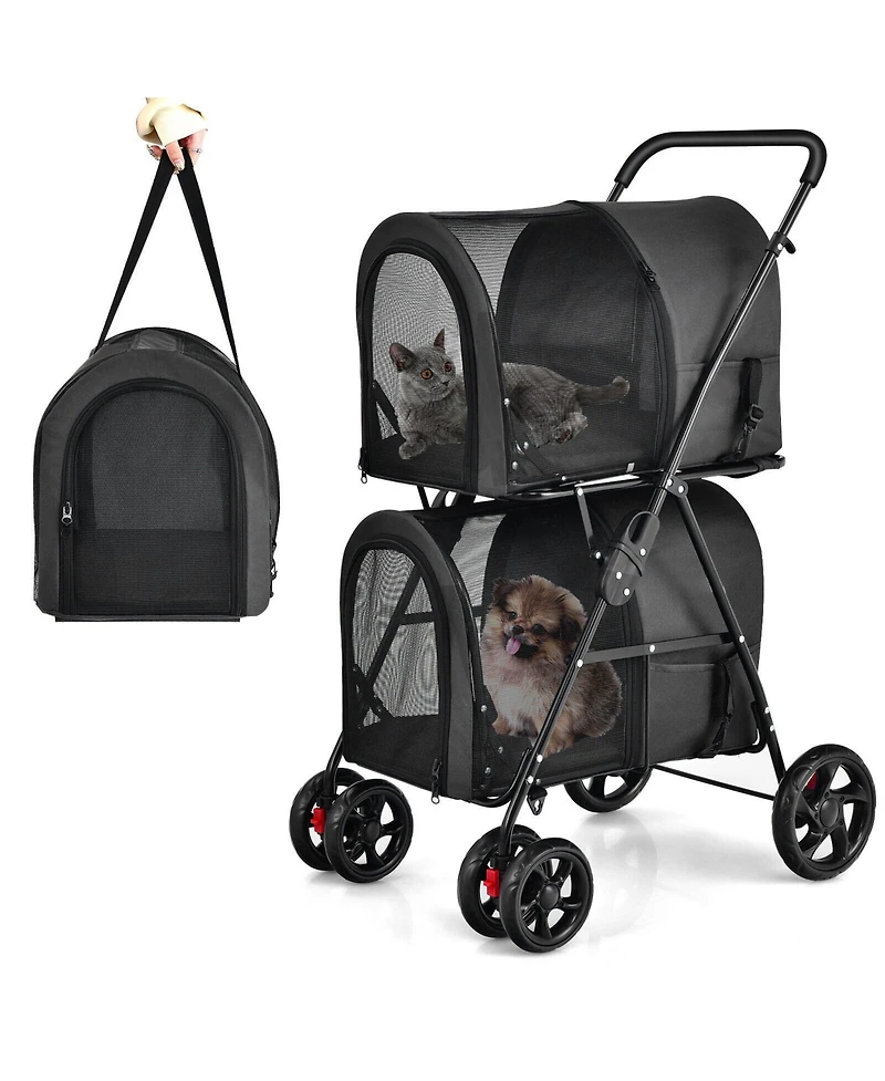 4-in-1 Double Pet Stroller with Detachable Carrier and Travel Carriage