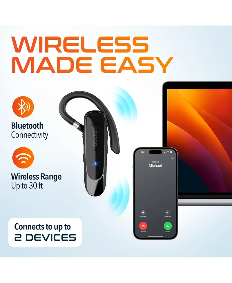 Delton 22X Wireless Mono Bluetooth Headset, Wireless Single Ear Headset With Built-In Two Microphones, Lightweight Bluetooth Phone Earpiece Compatible