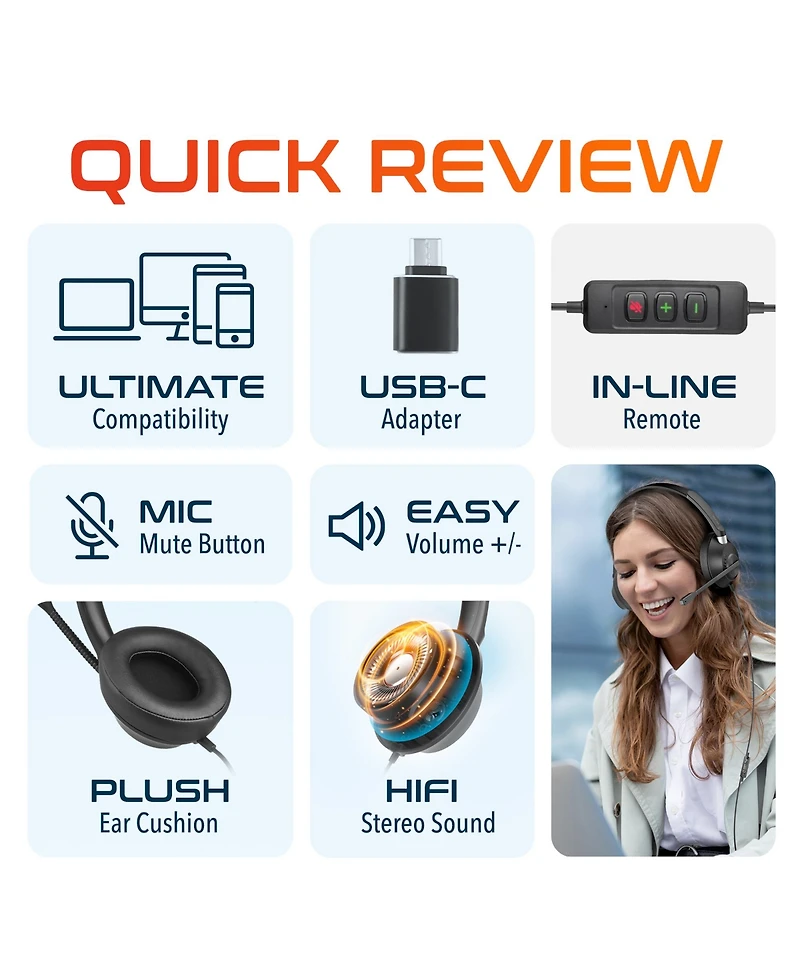 Delton 42Y Usb Headset with Mic, Hi-Fi Stereo Sound, Over-Ear Computer Headset with Noise Cancelling Microphone, In-Line Controls, Compatible with Pc,
