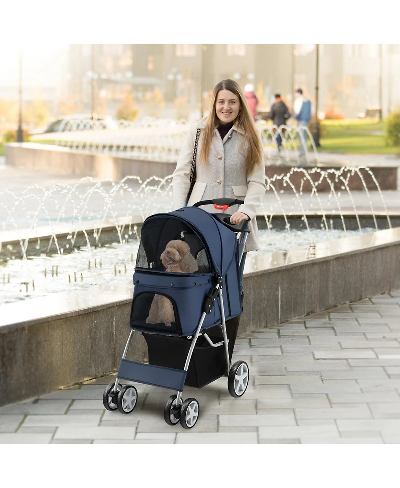 Folding Pet Stroller with Storage Basket and Adjustable Canopy