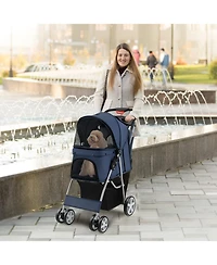 Folding Pet Stroller with Storage Basket and Adjustable Canopy