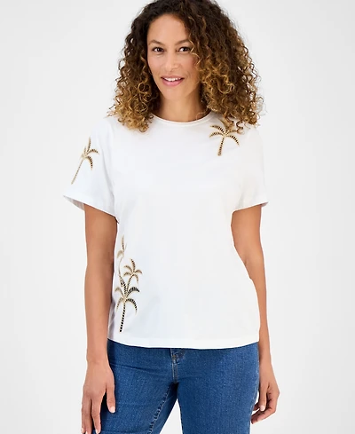 I.n.c. International Concepts Petite Cotton Palm Crewneck Tee, Exclusively at Macy's