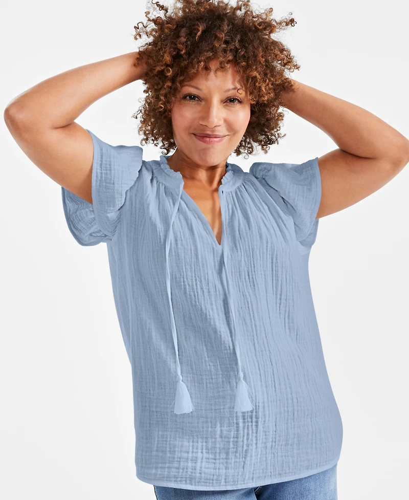 Style & Co Petite Cotton Flutter-Sleeve Ruffle Top, Created for Macy's