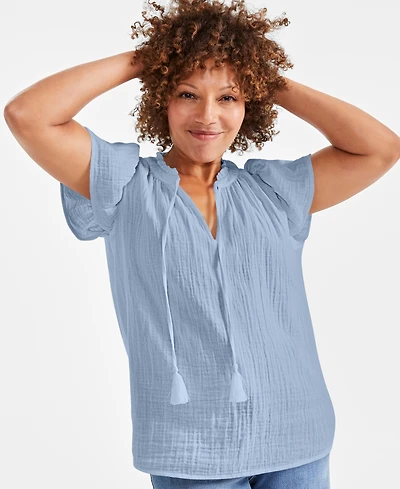 Style & Co Petite Cotton Flutter-Sleeve Ruffle Top, Created for Macy's