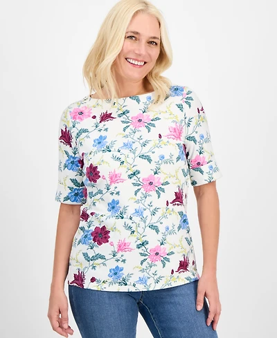 Style & Co Women's Printed Boat-Neck Elbow-Sleeve Top, Exclusively at Macy's