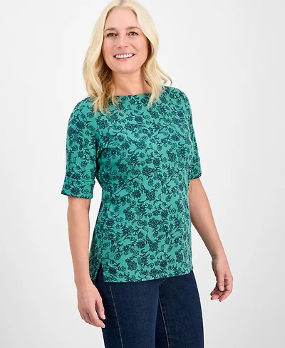 Style & Co Petite Floral Chintz Boat-Neck Elbow-Sleeve Top, Macy's Exclusive